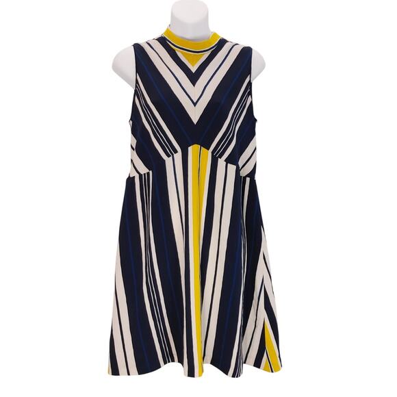 Zara Basic Stripe Mini Dress Sleeveless Button Back Navy White Yellow Womens L - Picture 3 of 10